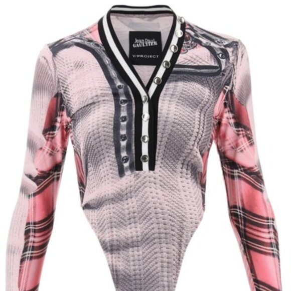 New Y/Project x Jean-Paul Gaultier Trompe L'oeil Cardigan Bodysuit Pink & White - Picture 1 of 7